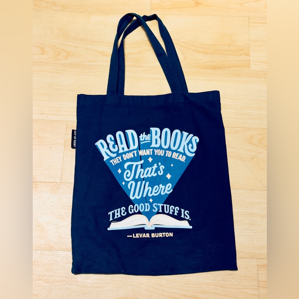 Like new Out of Print shopper tote bag, navy, Levar Burton quote